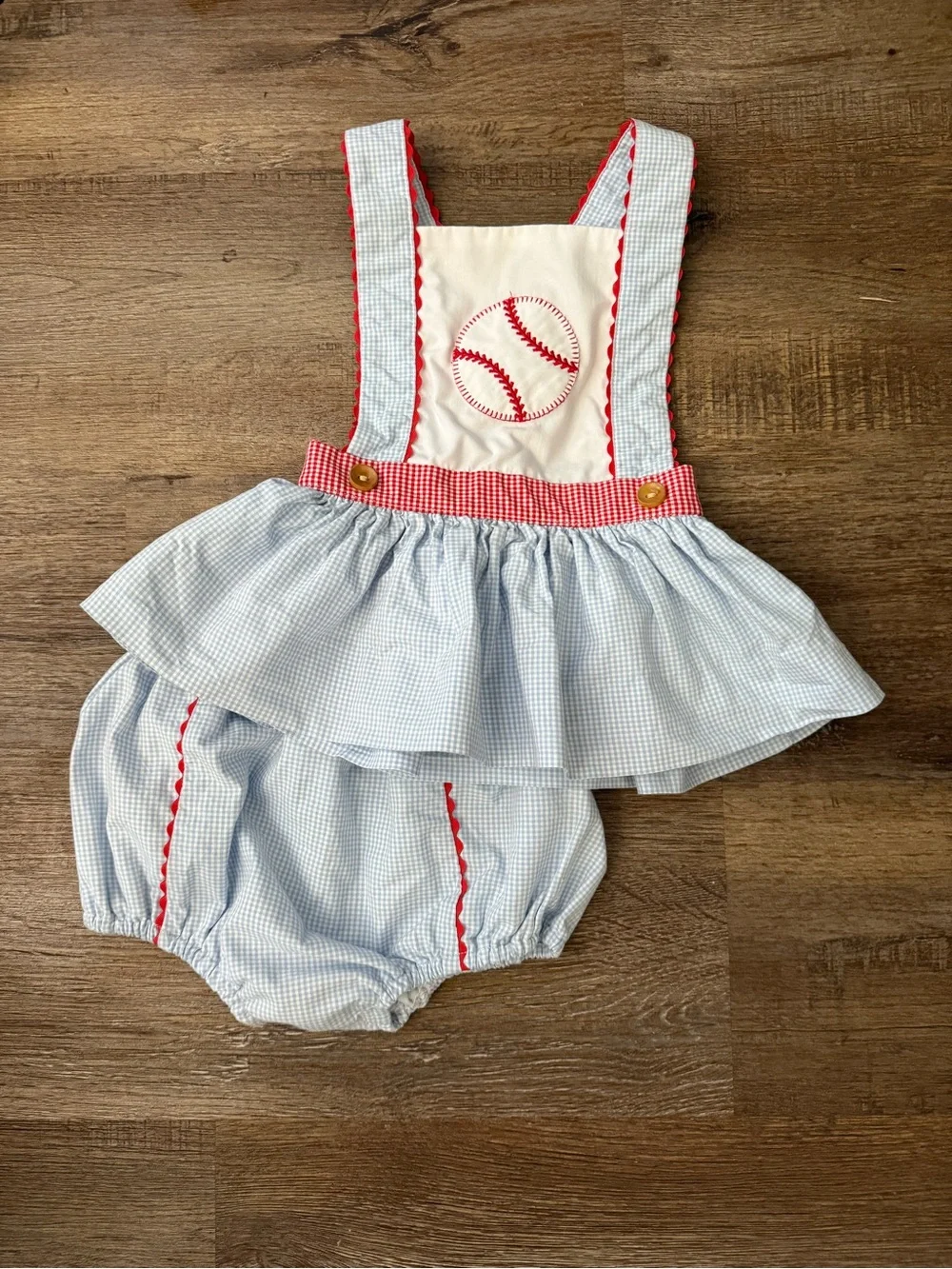 Blue Gingham Baseball Bubble Outfit with Red Trim - Kids Accessories